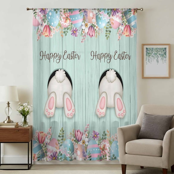 Easter Eggs Sheer Curtains 54" Long, Farmhouse Country Bunny Flower Leaf Wooden Grain Light Filering Curtains, Breathable Simi Curtain Privacy Drapes for Kitchen Bathroom Nursery Window Treatment