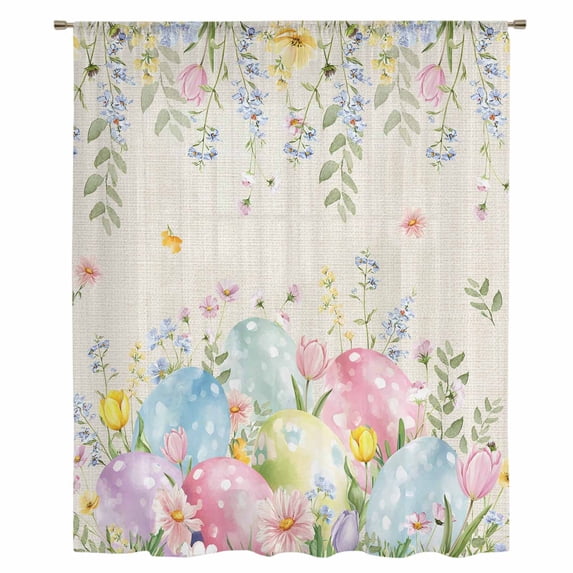 Easter Eggs Sheer Curtains 72 Inches Long, Spring Daisy Eucalyptus Leaves Rustic Burlap Light Filering Curtains, Breathable Simi Curtain Privacy Drapes for Living Room Bedroom Window Treatment