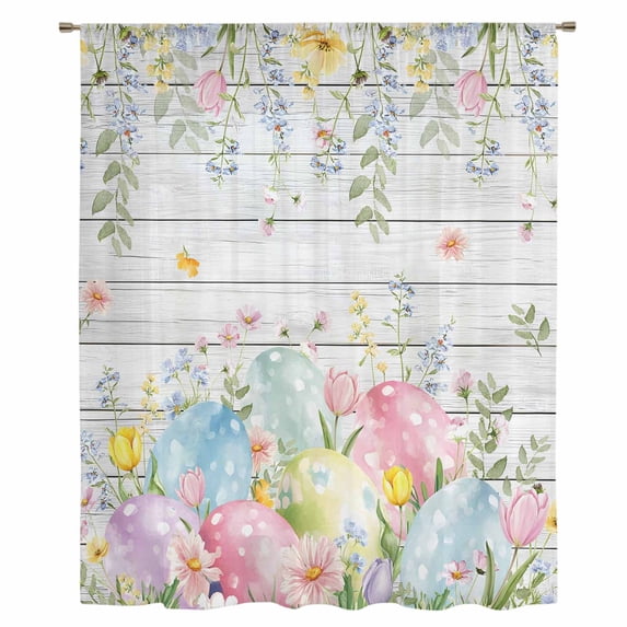 Easter Eggs Sheer Curtains 84 Inches Long, Spring Daisy Eucalyptus Leaves Gray Wooden Light Filering Curtains, Breathable Simi Curtain Privacy Drapes for Living Room Bedroom Window Treatment