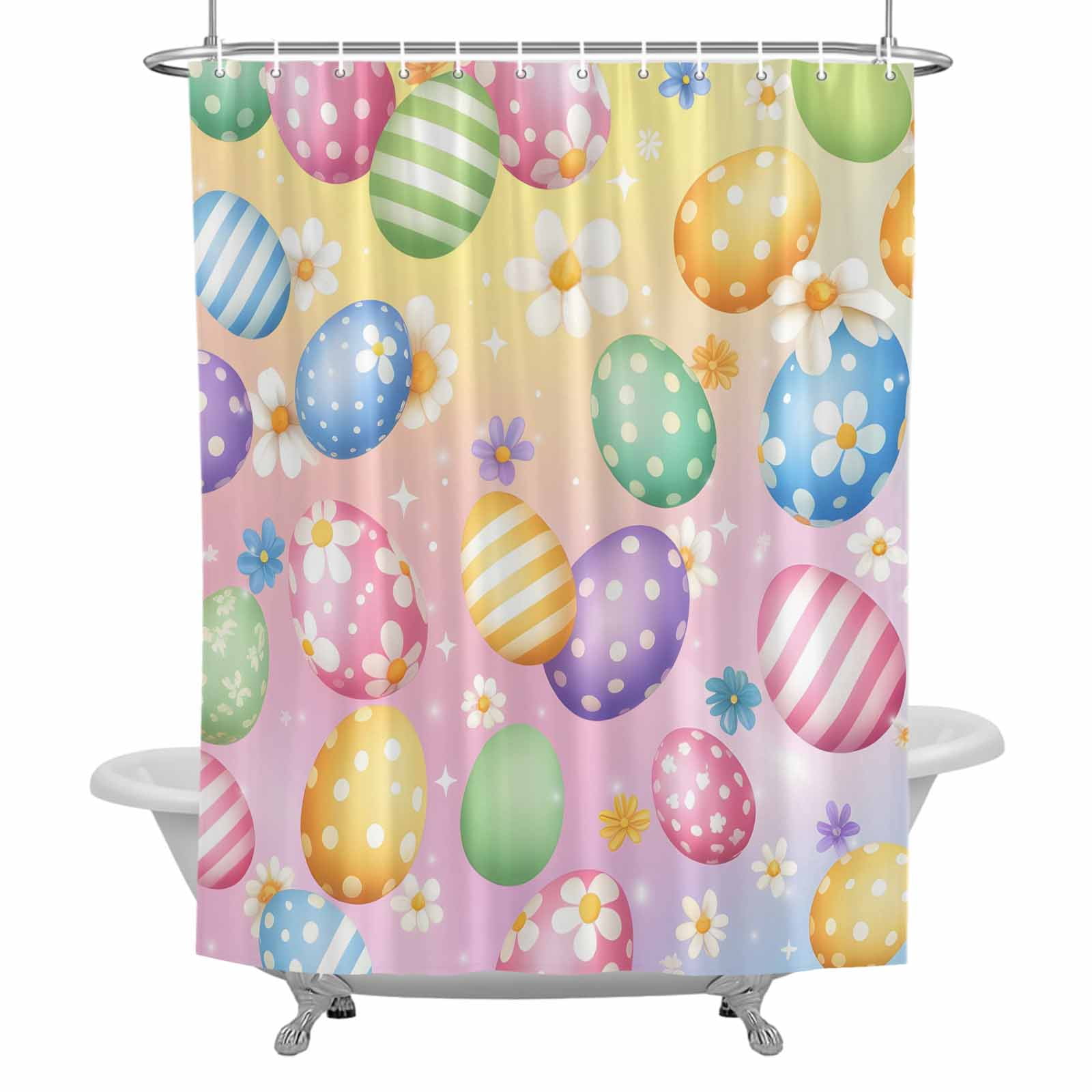Easter Eggs Shower Curtain for Bathroom, Spring Colorful Easter Eggs Floral Gradient Yellow Pink Waterproof Cloth Fabric Bathroom Accessories Set with 12 Rust Proof Plastic Hooks, 60"x72"