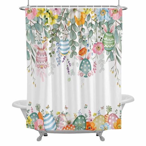 Easter Eggs Shower Curtain for Bathroom, Spring Eggs Yellow Pink Floral Eucalyptus Leaves Waterproof Cloth Fabric Bathroom Accessories Set with 12 Rust Proof Plastic Hooks, 72"x72"