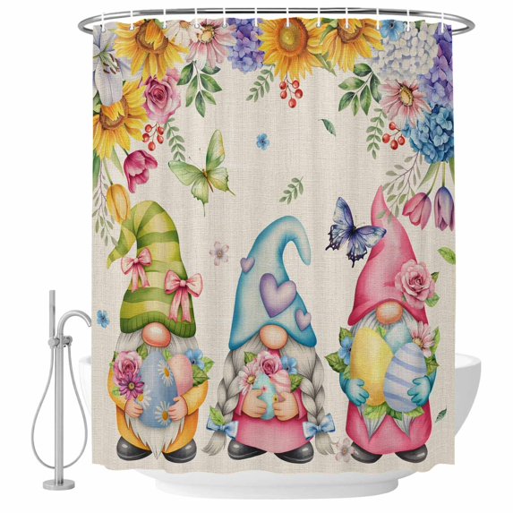 Easter Eggs Shower Curtain, Waterproof Shower Curtains for Bathroom, Cute Gnomes Flowers Butterflies Botanical Beige Washable Fabric Bathtub Curtain Set Bath Decor with 12 Hooks 48"x72"