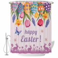 thumbnail image 1 of Easter Eggs Shower Curtain, Waterproof Shower Curtains for Bathroom, Purple Tulip Flower Spring Bunny Butterfly Floral Washable Fabric Bathtub Curtain Set Bath Decor with 12 Hooks 48"x72", 1 of 8