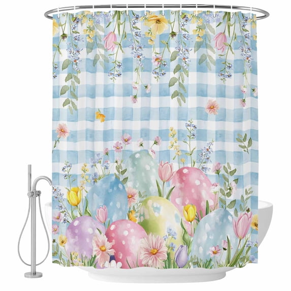 Easter Eggs Shower Curtain, Waterproof Shower Curtains for Bathroom, Spring Daisy Eucalyptus Leaves Blue Plaid Washable Fabric Bathtub Curtain Set Bath Decor with 12 Hooks 48"x72"