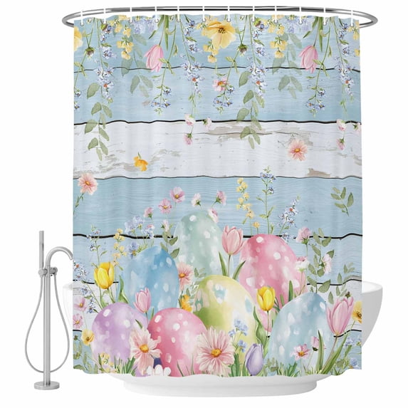 Easter Eggs Shower Curtain, Waterproof Shower Curtains for Bathroom, Spring Daisy Eucalyptus Leaves Light Blue Wood Washable Fabric Bathtub Curtain Set Bath Decor with 12 Hooks Long 72"x84"