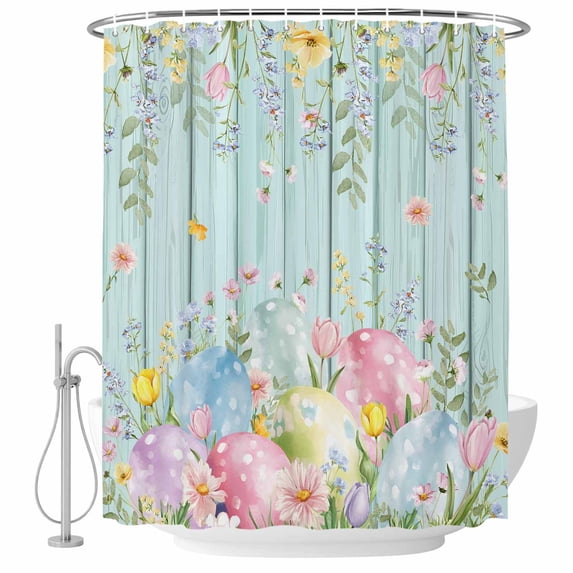 Easter Eggs Shower Curtain, Waterproof Shower Curtains for Bathroom, Spring Daisy Eucalyptus Leaves Teal Wooden Washable Fabric Bathtub Curtain Set Bath Decor with 12 Hooks Standard 72"x72"