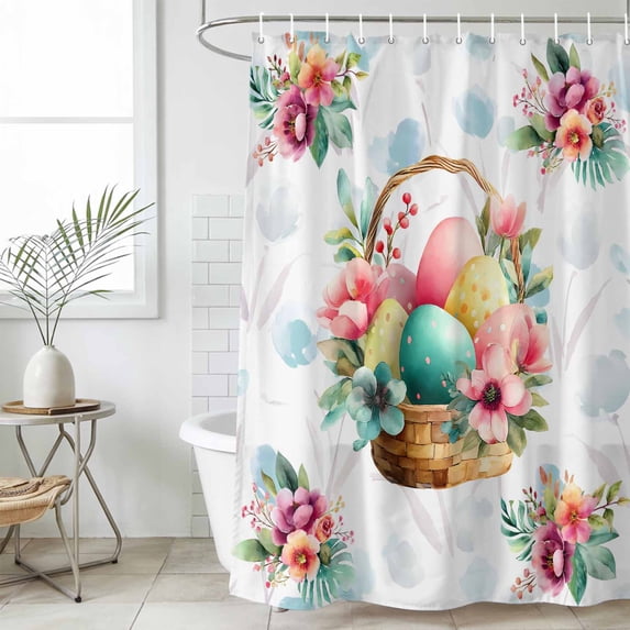 Easter Eggs Small Stall Shower Curtain, Waterproof Shower Curtains for Bathroom, Blue Floral Basket Leaves Rustic Botanical Washable Fabric Bath Curtain for Bathtub Decoration with Hooks 36x78 Inches