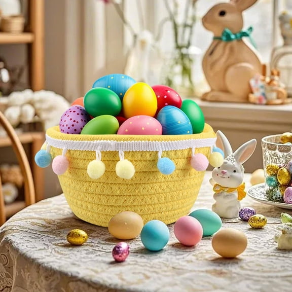 Easter Eggs Storage Basket,Easter Decoration,Cute Pompom Easter Egg Basket,Woven Cotton Rope Round Storage Basket for Girls, 7.8"×3.9",1PC (Yellow)