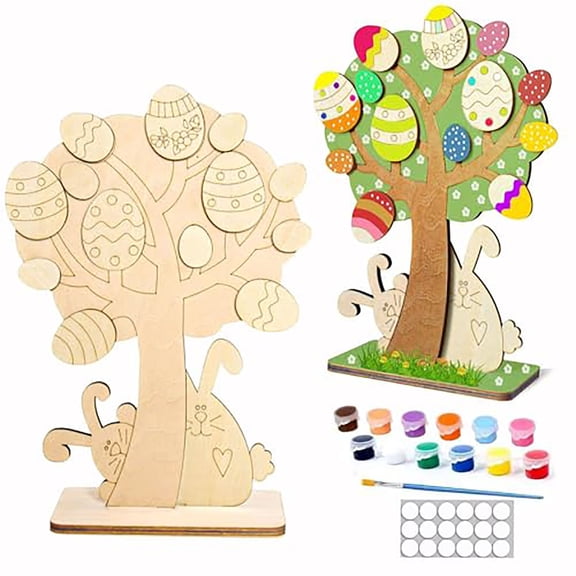 Easter Eggs Stuffed DIY Easter Egg Tree Painting Kit for Families Creative Wooden Craft Set with Paints and Brushes for Holiday Fun Easter Decorations