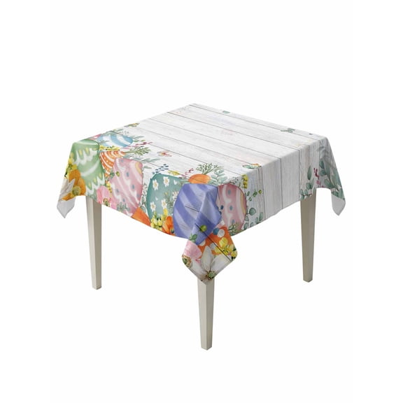 Easter Eggs Suqare Tablecloth - 54 x 54 Inch, Spring Flowers Eucalyptus Leaves Wooden Grain Waterproof & StainResistant Tablecloth, Washable Oil-proof Table Cover for Dining/Party/Wedding/Buffet
