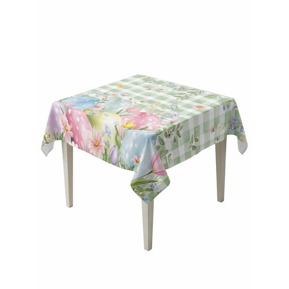 Easter Eggs Suqare Tablecloth - 60 x 60 Inch, Spring Daisy Eucalyptus Leaves Sage Green Plaid Waterproof & StainResistant Tablecloth, Washable Oil-proof Table Cover for Dining/Party/Wedding/Buffet
