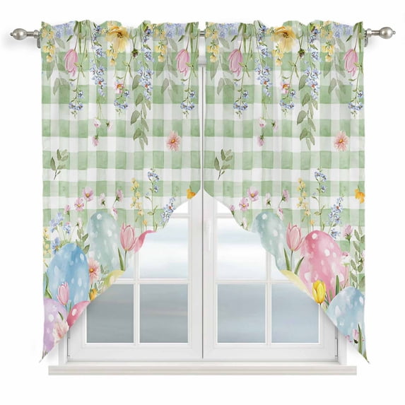 Easter Eggs Swag Valances for Windows, Kitchen Curtains 36 Inch Length 2 Panels Set, Spring Daisy Eucalyptus Leaves Sage Green Plaid Short Curtains for Small Windows Rod Pocket Cafe Curtains 28"x36"
