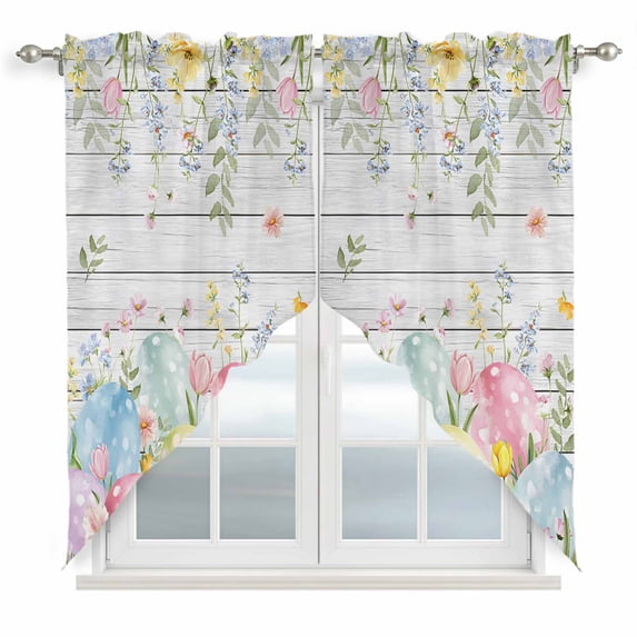 Easter Eggs Swag Valances for Windows, Kitchen Window Curtains Over Sink, Spring Daisy Eucalyptus Leaves Gray Wooden Window Treatment Curtains for Living Room/Bedroom Curtains 2 Panel Sets 36"x45"
