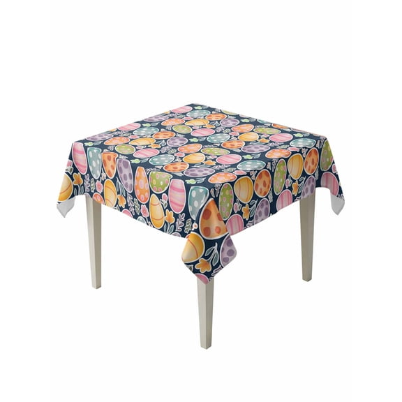 Easter Eggs Table Cloth, Waterproof Tablecloth for Square Tables, Colorful Eggs Spring Flowers Leaves Farm Navy Blue Reusable Washable Fabric Table Cover for Restaurant Kitchen Dining Tables 54"x54"