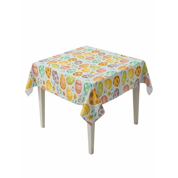 Easter Eggs Table Cloth, Waterproof Tablecloth for Square Tables, Colorful Eggs Spring Flowers Leaves Farmhouse Blue Reusable Washable Fabric Table Cover for Restaurant Kitchen Dining Tables 54"x54"