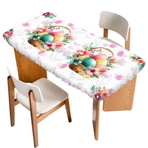 Easter Eggs Table Cloths for 3 Foot Rectangle Tables, Pink Flowers Basket Leaves Rustic Botanical Patio Waterproof Elastic Fitted Tablecloths, Washable Rectangular Table Cover for Camping
