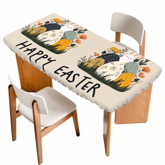 Easter Eggs Table Cloths for 3 Foot Rectangle Tables, Rabbit Spring Botanical Wildflowers Bunny Beige Patio Waterproof Elastic Fitted Tablecloths, Washable Rectangular Table Cover for Camping