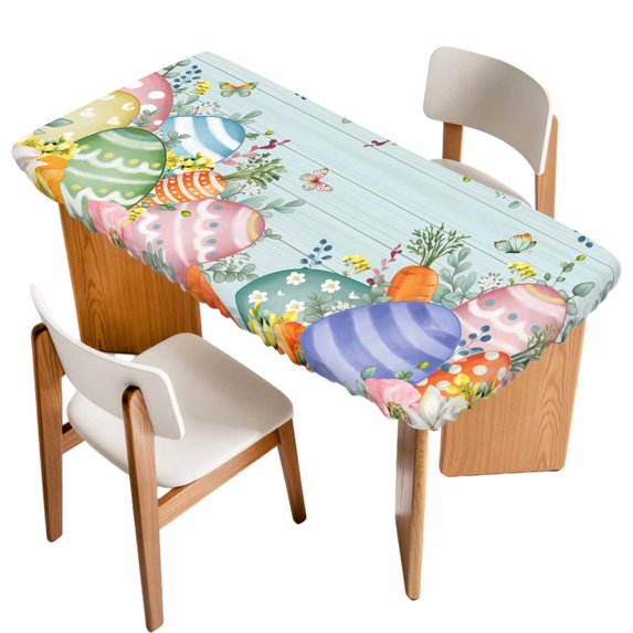 Easter Eggs Table Cloths for 3 Foot Rectangle Tables, Spring Botanical Flowers Eucalyptus Leaf Wood Patio Waterproof Elastic Fitted Tablecloths, Washable Rectangular Table Cover for Camping