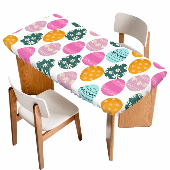 Easter Eggs Table Cloths for 4 Foot Rectangle Tables, Colorful Egg Spring Daisy White Flowers Patio Waterproof Elastic Fitted Tablecloths, Washable Rectangular Table Cover for Camping