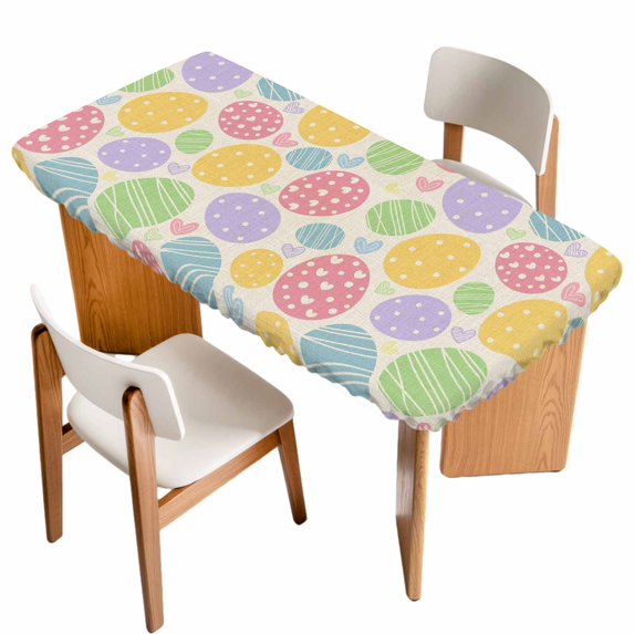 Easter Eggs Table Cloths for 4 Foot Rectangle Tables, Spring Colorful Pastoral Love Beige Patio Waterproof Elastic Fitted Tablecloths, Washable Rectangular Table Cover for Camping