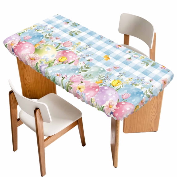 Easter Eggs Table Cloths for 4 Foot Rectangle Tables, Spring Daisy Eucalyptus Leaves Blue Plaid Patio Waterproof Elastic Fitted Tablecloths, Washable Rectangular Table Cover for Camping