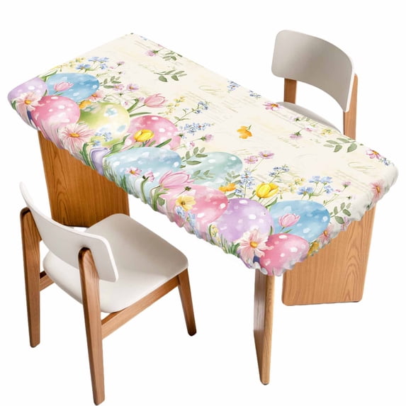 Easter Eggs Table Cloths for 4 Foot Rectangle Tables, Spring Daisy Eucalyptus Leaves Vintage Patio Waterproof Elastic Fitted Tablecloths, Washable Rectangular Table Cover for Camping