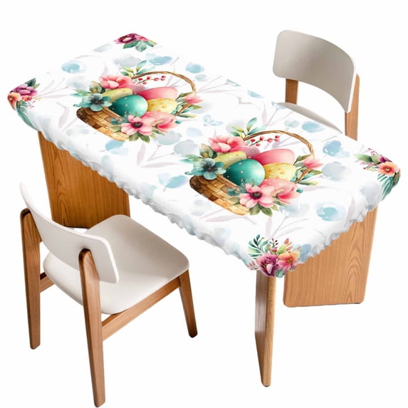 Easter Eggs Table Cloths for 5 Foot Rectangle Tables, Blue Floral Basket Leaves Rustic Botanical Patio Waterproof Elastic Fitted Tablecloths, Washable Rectangular Table Cover for Camping