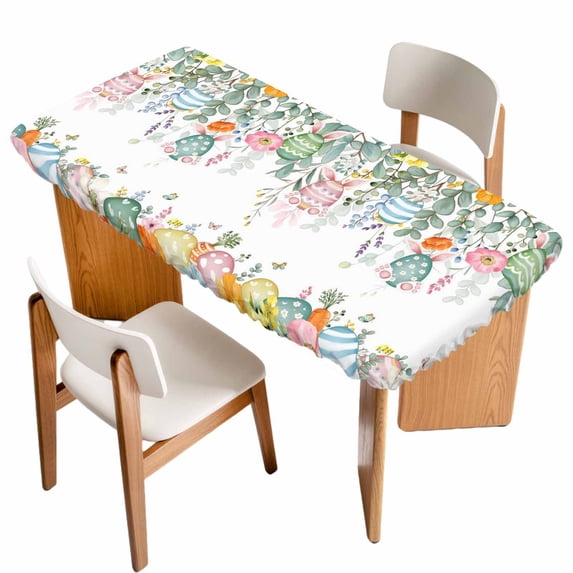 Easter Eggs Table Cloths for 5 Foot Rectangle Tables, Bunny Eucalyptus Leaves Spring Flower Plant Patio Waterproof Elastic Fitted Tablecloths, Washable Rectangular Table Cover for Camping