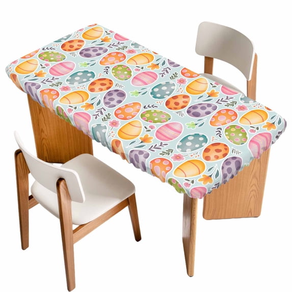 Easter Eggs Table Cloths for 5 Foot Rectangle Tables, Colorful Eggs Spring Flowers Leaves Rustic Blue Patio Waterproof Elastic Fitted Tablecloths, Washable Rectangular Table Cover for Camping