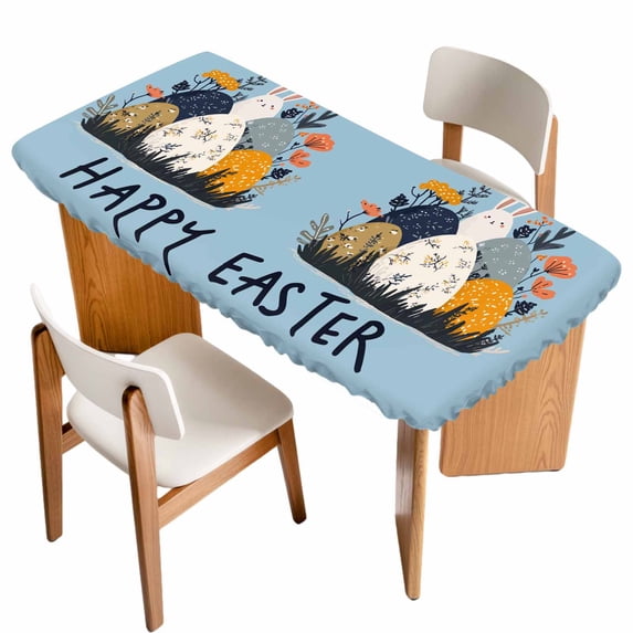 Easter Eggs Table Cloths for 5 Foot Rectangle Tables, Rabbit Spring Botanical Wildflowers Bunny Blue Patio Waterproof Elastic Fitted Tablecloths, Washable Rectangular Table Cover for Camping