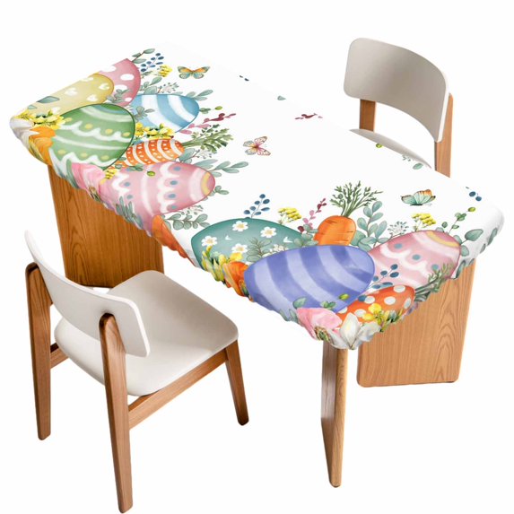 Easter Eggs Table Cloths for 5 Foot Rectangle Tables, Spring Botanical Eucalyptus Floral Butterfly Patio Waterproof Elastic Fitted Tablecloths, Washable Rectangular Table Cover for Camping