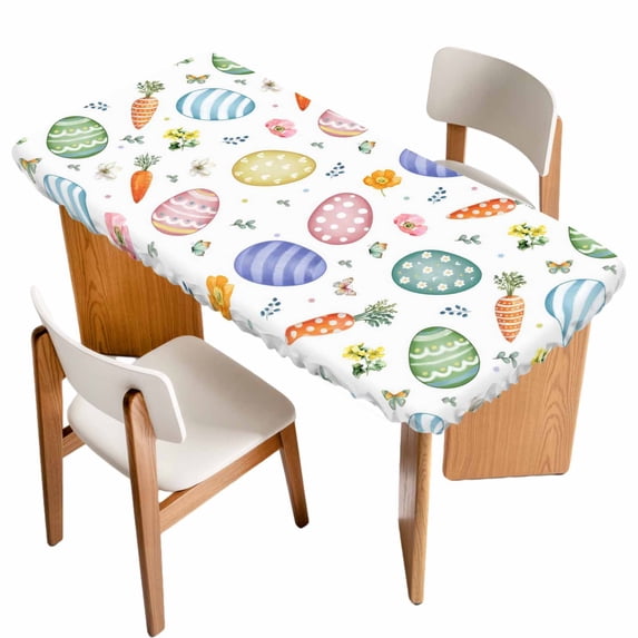 Easter Eggs Table Cloths for 5 Foot Rectangle Tables, Spring Carrots Botanical Flowers Butterfly Patio Waterproof Elastic Fitted Tablecloths, Washable Rectangular Table Cover for Camping
