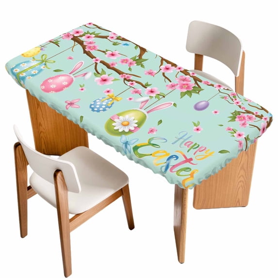 Easter Eggs Table Cloths for 5 Foot Rectangle Tables, Spring Watercolor Bunny Flower Green Patio Waterproof Elastic Fitted Tablecloths, Washable Rectangular Table Cover for Camping
