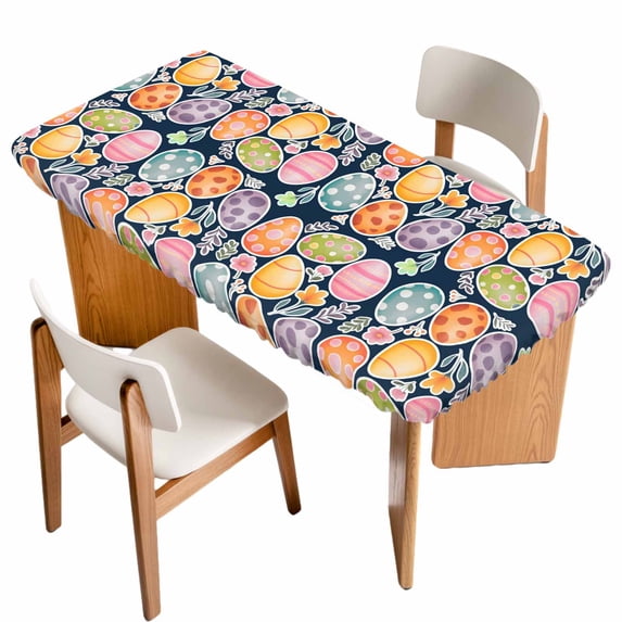 Easter Eggs Table Cloths for 6 Foot Rectangle Tables, Colorful Eggs Spring Flowers Leaves Farm Navy Blue Patio Waterproof Elastic Fitted Tablecloths, Washable Rectangular Table Cover for Camping