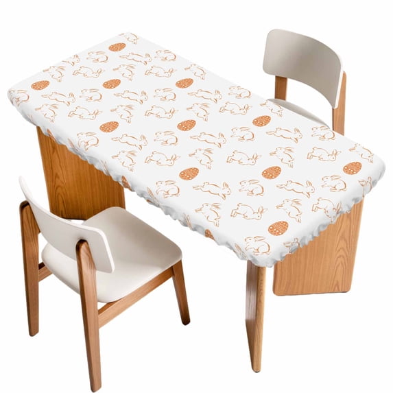 Easter Eggs Table Cloths for 6 Foot Rectangle Tables, Cute Bunny Rabbits Cartoon Orange Patio Waterproof Elastic Fitted Tablecloths, Washable Rectangular Table Cover for Camping