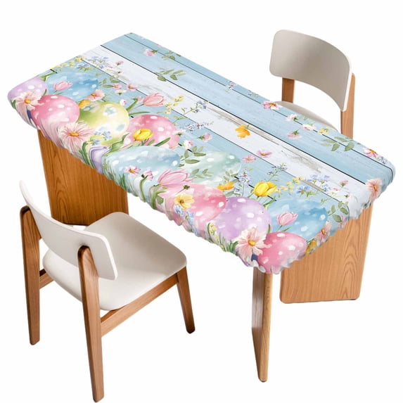 Easter Eggs Table Cloths for 6 Foot Rectangle Tables, Spring Daisy Eucalyptus Leaves Light Blue Wood Patio Waterproof Elastic Fitted Tablecloths, Washable Rectangular Table Cover for Camping