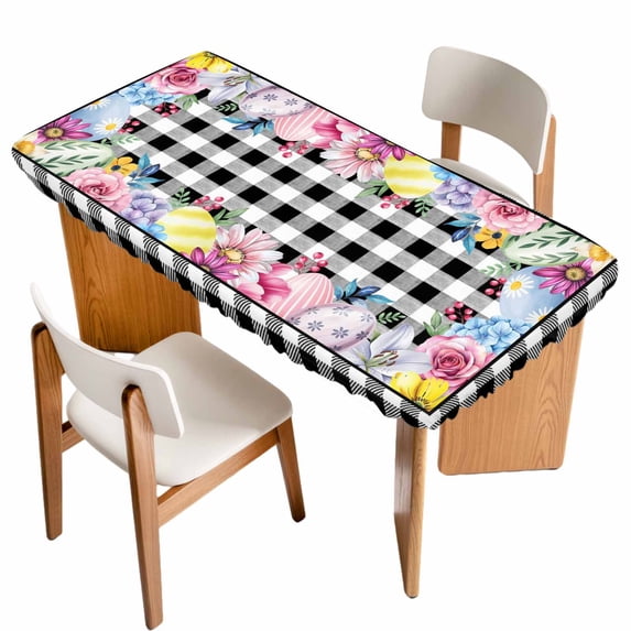 Easter Eggs Table Cloths for 6 Foot Rectangle Tables, Spring Floral Berry Leaves Botanical Black Plaid Patio Waterproof Elastic Fitted Tablecloths, Washable Rectangular Table Cover for Camping