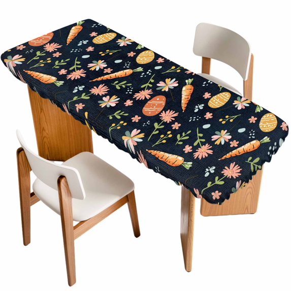 Easter Eggs Table Cloths for 8 Foot Rectangle Tables, Carrots Spring Daisy Botanical Rustic Dark Blue Patio Waterproof Elastic Fitted Tablecloths, Washable Rectangular Table Cover for Camping