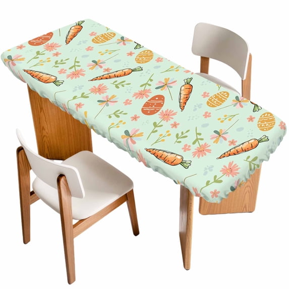 Easter Eggs Table Cloths for 8 Foot Rectangle Tables, Carrots Spring Daisy Botanical Rustic Green Patio Waterproof Elastic Fitted Tablecloths, Washable Rectangular Table Cover for Camping