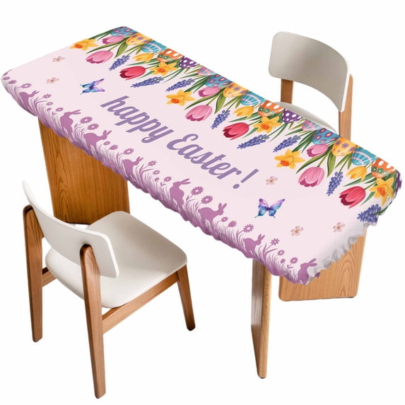 Easter Eggs Table Cloths for 8 Foot Rectangle Tables, Purple Tulip Flower Spring Bunny Butterfly Floral Patio Waterproof Elastic Fitted Tablecloths, Washable Rectangular Table Cover for Camping
