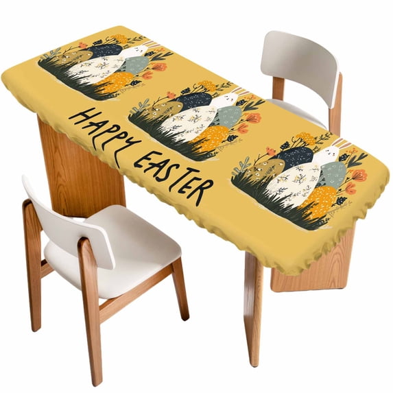 Easter Eggs Table Cloths for 8 Foot Rectangle Tables, Rabbit Spring Botanical Wildflowers Bunny Orange Patio Waterproof Elastic Fitted Tablecloths, Washable Rectangular Table Cover for Camping
