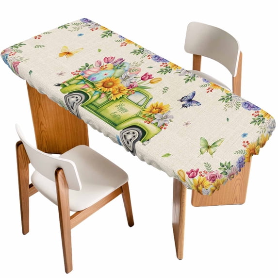 Easter Eggs Table Cloths for 8 Foot Rectangle Tables, Spring Flowers Truck Leaves Butterflies Beige Patio Waterproof Elastic Fitted Tablecloths, Washable Rectangular Table Cover for Camping