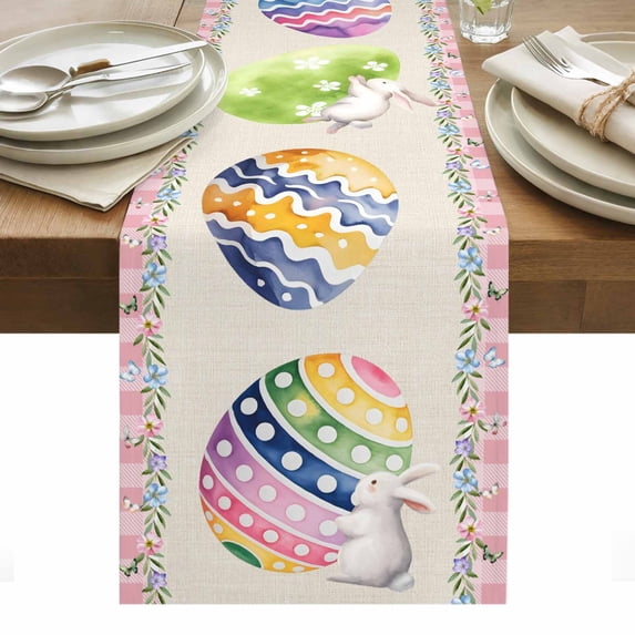 Easter Eggs Table Runner - 120 Inch Long, Kitchen Dining Table Runner Dresser Scarves, Spring Rabbit Butterfly Floral Leaf Pink Plaid Farmhouse Decor for Coffee Tables Wedding Party Banquet