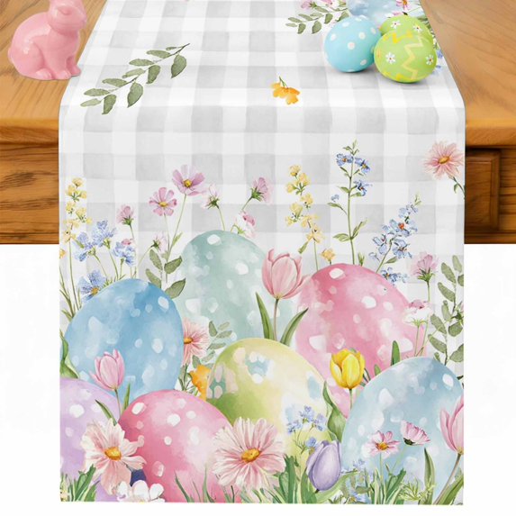 Easter Eggs Table Runner 36 Inches Long for Kitchen Dining, Spring Daisy Eucalyptus Leaves Gray Plaid Dresser Scarf Farmhouse, Dining Table Decorations for Wedding/Parties, 13 x 36 In