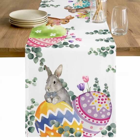 Easter Eggs Table Runner 48 Inches Long Farmhouse Dress Scarves, Spring Watercolor Bunny Eucalyptus Leaf Dining Tablerunner for Coffee Table/Kitchen Island/Party Décor, 13" x 48"