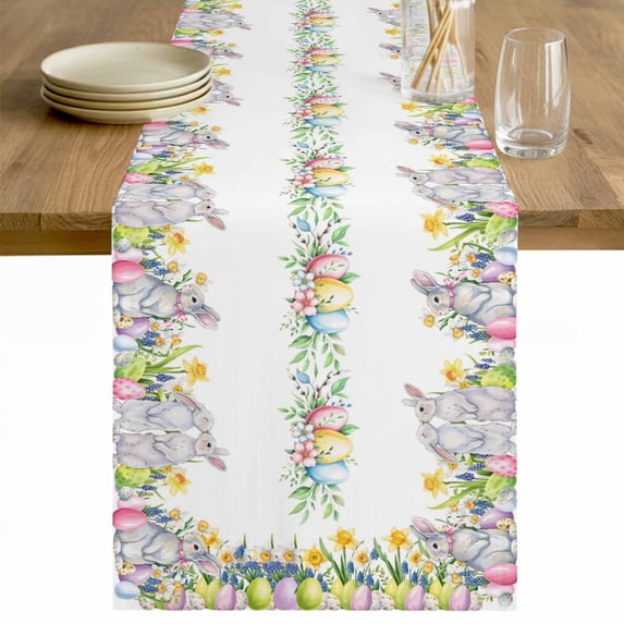 Easter Eggs Table Runner 48 Inches Long Farmhouse Dress Scarves, Spring Watercolor Bunny Flower Leaf Plant Dining Tablerunner for Coffee Table/Kitchen Island/Party Décor, 13" x 48"