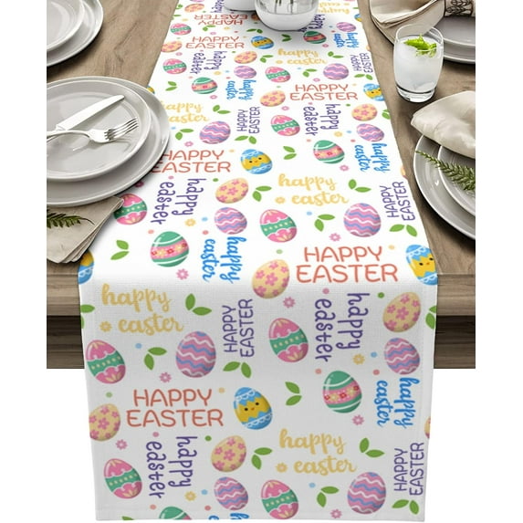 Easter Eggs Table Runner 70 Inches Long Spring Linen Burlap Dresser Scarves Colorful Eggs Flower Cartoon Pattern Green Easter Decor Table Runner for Party Event Festival Deocrations 13"x70"