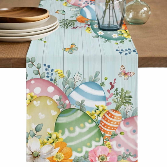 Easter Eggs Table Runner 72 Inches, Spring Botanical Flowers Eucalyptus Leaf Wood Bed Runner Dresser Scarves Tabletop for Indoor Outdoor Parties/Ceremony/Banquet, 16" x 72"