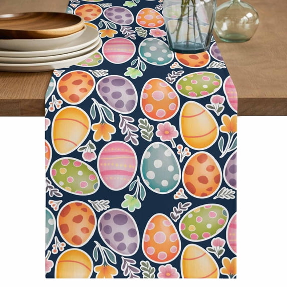 Easter Eggs Table Runner, Colorful Eggs Spring Flowers Leaves Farm Navy Blue Cotton Linen Table Runners 90 Inches Long, Dresser Scarf Runner for Dining/Coffee/Kitchen/Hallway Tables 13''x90''