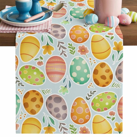Easter Eggs Table Runner, Spring Colored Eggs Floral Leaf Mint Green Background Cotton Linen Kitchen Table Decoration Washable Dining Tabletop Runners for Home Party Decor 13x36 Inches